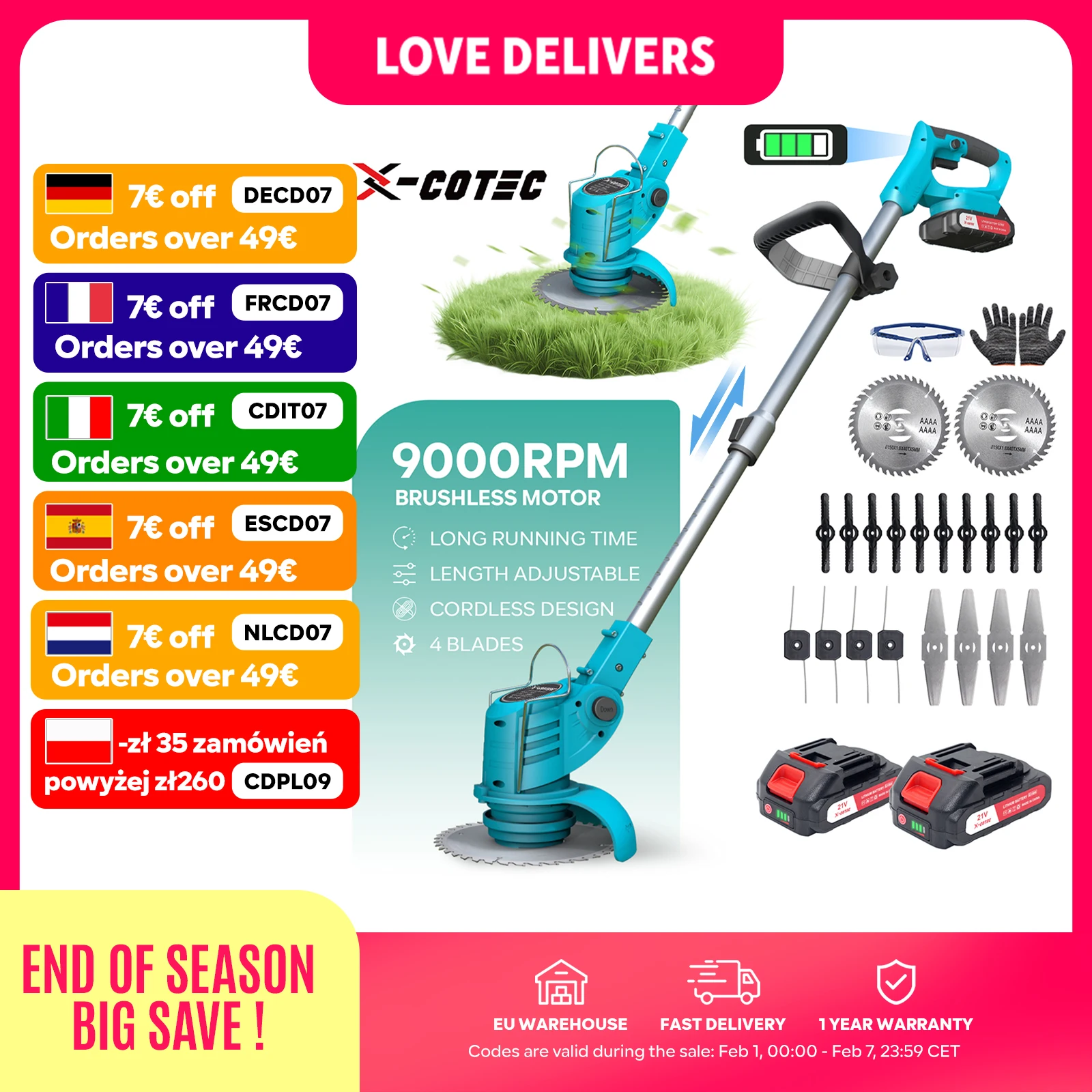 kf-A20b1024eee394940bf92c2ad155a0e0fW X-COTEC Electric turf Mower without fi, adjustable length, garden cut without Brush, 4 Types of blads, Mower the pealous - Image 1