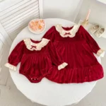 New Christmas Kids Party Bow Red Clothes Twins Sisters Dress Baby Bodysuits Sisters Girls Princess Dress New Year Kids Clothes - Image 4