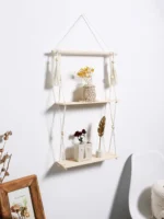 2-tier Floating Wall Shelf With Wooden Beads Home Decoration Boho Plant Flower Pot Tray Nordic Room Swing Display Shelf Art Gift - Image 2