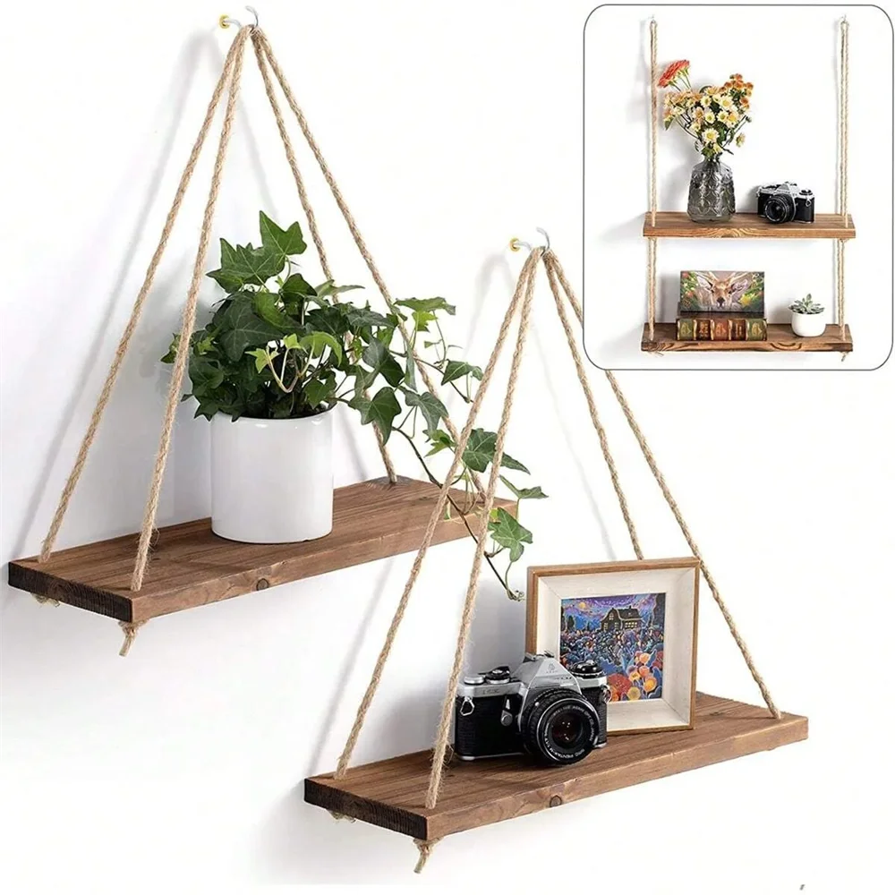 kf-S0da1c920b37e44e5a52d757a1be08605d 1Set Wood Hanging Shelves Swing Hanging Hemp Rope Wall Shelve Mounted Floating Home Living Room Plant Flower Pot Tray Storage - Image 1