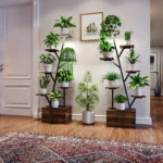 Comanlai Metal Wood Plant Shelf Open Shelf Organizer Display Stand Rustic Indoor Plant Stand with Grow Lights Room Decoration - Image 5