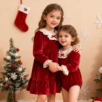 New Christmas Kids Party Bow Red Clothes Twins Sisters Dress Baby Bodysuits Sisters Girls Princess Dress New Year Kids Clothes - Image 2