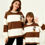Disney Happy Micky Grey/White Striped Mommy Daughter Crewneck Pullover Sweatshirt Soft Comfy Stylish Relaxed-Fit Autumn Winter