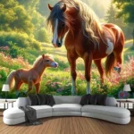 Horse Family Scene With Brown Mare And Baby In Spring Garden Art Print For Home Or Bedroom