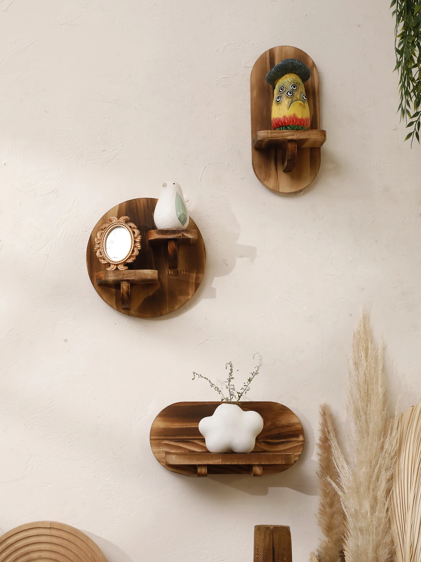 kf-S3567246936eb40aa95698367c4b4f6f0n 1/2-tier Wooden Shelves Oval Charcoal Color Floating Wall Shelf Display Stand Boho Home Decor Ledge Storage Rack for Living Room - Image 1