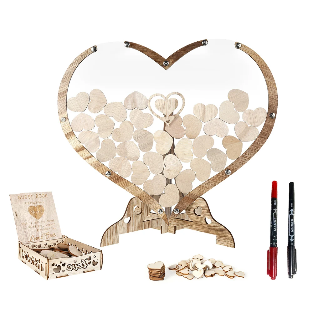 kf-S42bdeace98974c139ff8a2cee5660b59i Wedding Guest Book Wooden Drop Heart Message Book Sign in Table Photo Frame Birthday Valentine's Day Wedding Party Decoration - Image 1