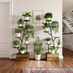 Rosahqnda Plant Stands with Glowing Lights, Creative Metal Plants Stand with Cabinet, Multi-tier metal Frame & wood flower stand - Image 5