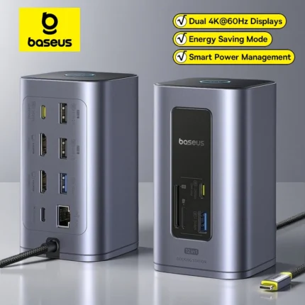 Baseus 12-in-1 USB C HUB to HDMI 4K@60Hz Dual Display USB 3.2 Adapter with RJ45 SD TF PD 100W Docking Station for Window Mac Hub