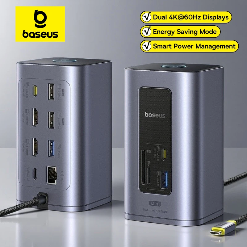 kf-S5abf2a267d7249ef98361ba03691be97M Baseus 12-in-1 USB C HUB to HDMI 4K@60Hz Dual Display USB 3.2 Adapter with RJ45 SD TF PD 100W Docking Station for Window Mac Hub - Image 1