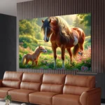 Horse Family Scene With Brown Mare And Baby In Spring Garden Art Print For Home Or Bedroom - Image 3