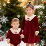 New Christmas Kids Party Bow Red Clothes Twins Sisters Dress Baby Bodysuits Sisters Girls Princess Dress New Year Kids Clothes