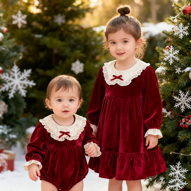 kf-S668250d8b25444259d43194014a181eaq New Christmas Kids Party Bow Red Clothes Twins Sisters Dress Baby Bodysuits Sisters Girls Princess Dress New Year Kids Clothes - Image 1