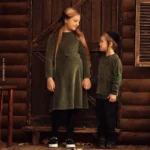 Velour set with polar fleece pocket family clothing dress top and romper overall suspender children green elegant bust shrink - Image 2