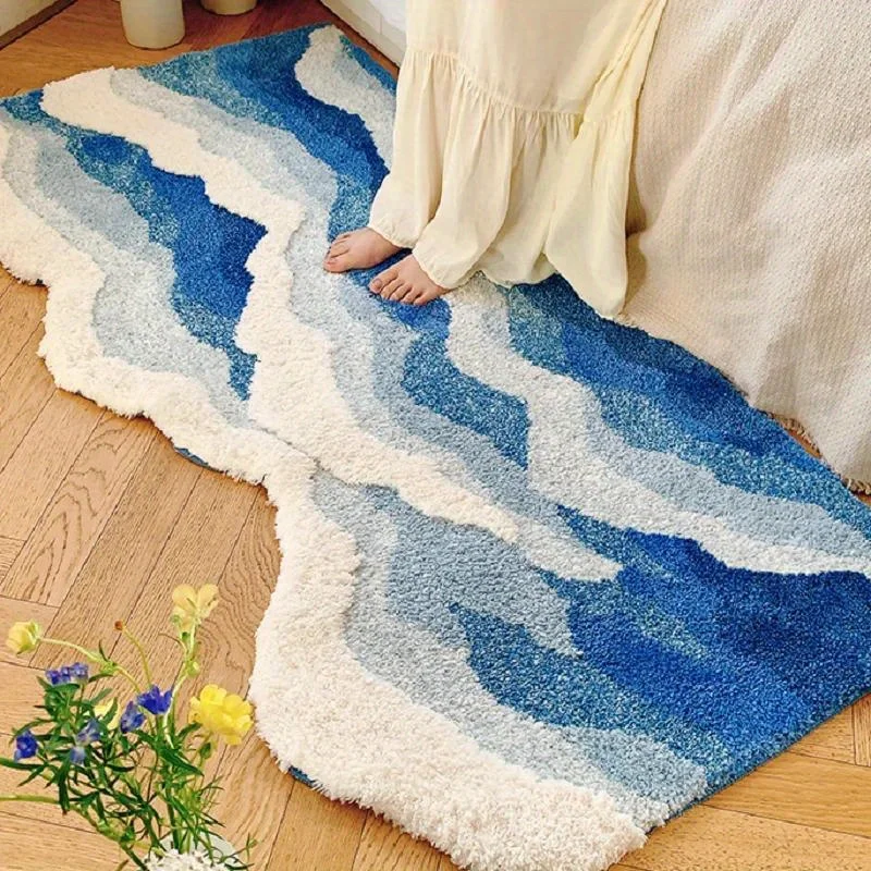 kf-S8100b4781d5b4fffa4507ed9eb142720x Blue Sea Wave Flocking Rug Bedroom Rug Corridor Area Floor Pad Mat Doormat Aesthetic Home Decor - Image 1