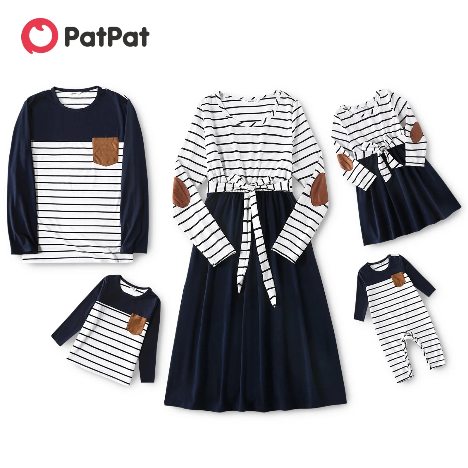 kf-S846c9b0af6234f90809036097d2940517 PatPat Family Matching Outfits Couple Mosaic Contrast Striped Long-sleeve Women's Dresses and T-shirts Family Clothes Sets - Image 1