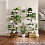 Comanlai Metal Wood Plant Shelf Open Shelf Organizer Display Stand Rustic Indoor Plant Stand with Grow Lights Room Decoration