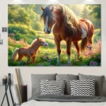 Horse Family Scene With Brown Mare And Baby In Spring Garden Art Print For Home Or Bedroom - Image 5