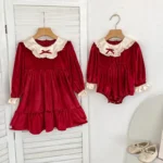New Christmas Kids Party Bow Red Clothes Twins Sisters Dress Baby Bodysuits Sisters Girls Princess Dress New Year Kids Clothes - Image 3