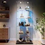 Comanlai 5 Layer Glass Display Cabinet with LED Lights and 2 Doors Column-shaped Display Cabinet for Living Room Display Stands