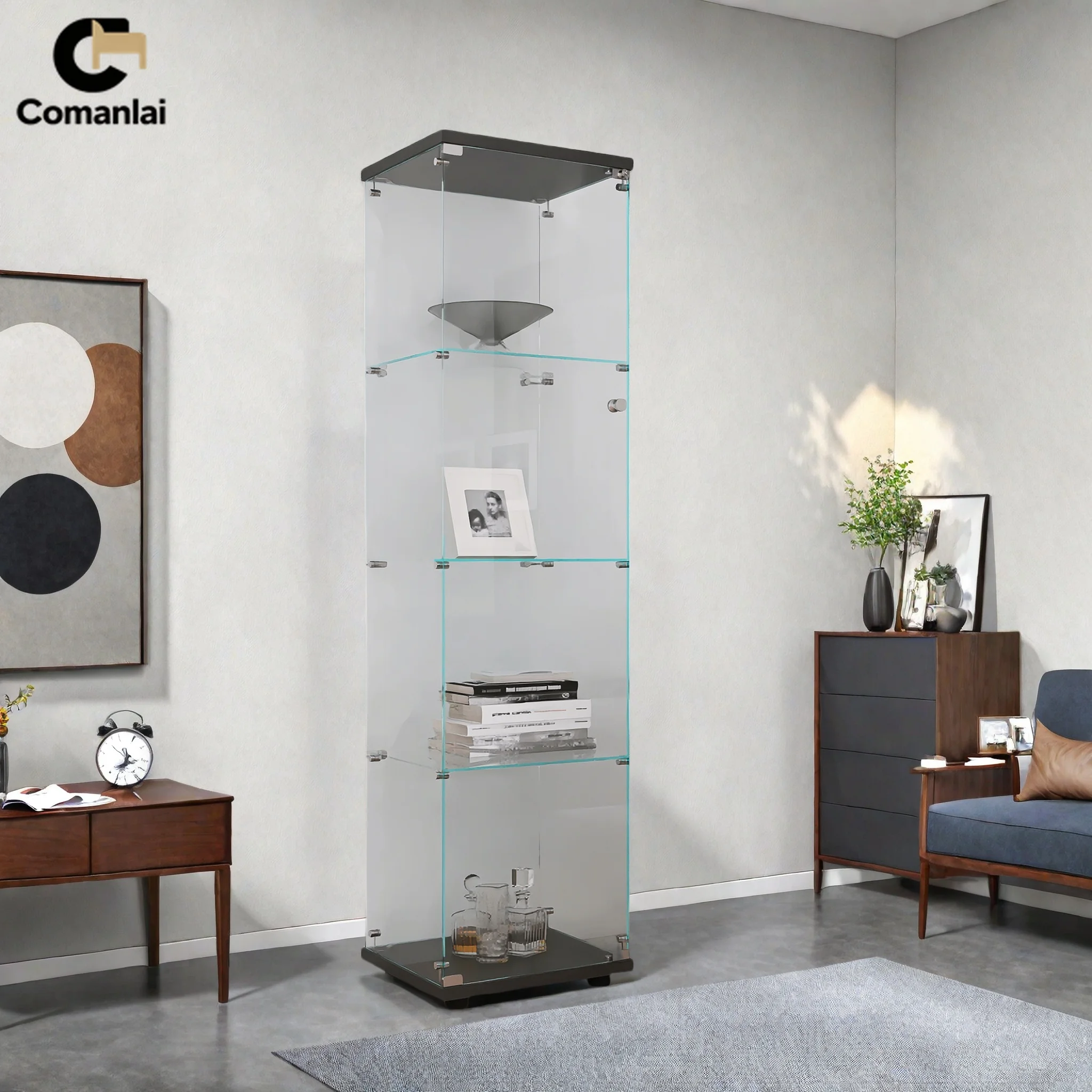 kf-Sa614db9ddabd43c4b2501a2924d9ec6bu Comanlai Display Stands 4 Shelves Glass Display Cabinet with Door,Floor Standing Bookshelf for Living Room 42.5x36.5x164cm - Image 1