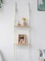 2-tier Floating Wall Shelf With Wooden Beads Home Decoration Boho Plant Flower Pot Tray Nordic Room Swing Display Shelf Art Gift - Image 4