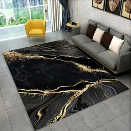 Sophisticated Nordic Blue and Gold Marble Floor Mat Geometric Carpet for Living Room or Bedroom Non-Slip Rug for Sofa Doormat