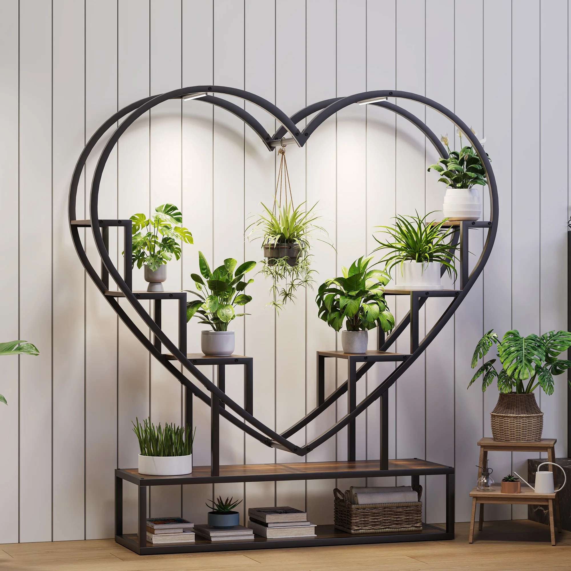 kf-Sb612f38b9a51495e83d8489237c55fa8u Rosahqnda Plant Stands with Glowing Lights, Creative Metal Plants Stand with Cabinet, Multi-tier metal Frame & wood flower stand - Image 1