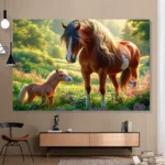 Horse Family Scene With Brown Mare And Baby In Spring Garden Art Print For Home Or Bedroom - Image 2