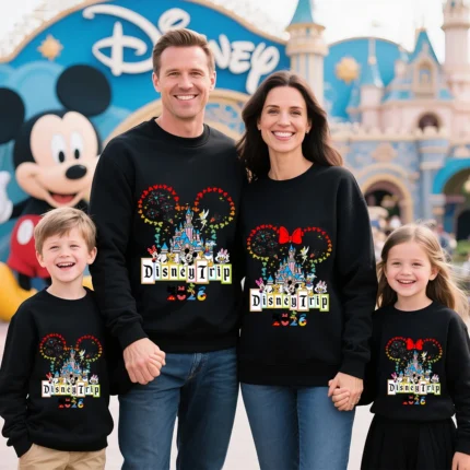 2026 Disney Trip Mickey and Friends Print Cotton Sweatshirt Family Matching Outfits for Parents and Kids Crewneck Pullover