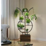 Rosahqnda Plant Stands with Glowing Lights, Creative Metal Plants Stand with Cabinet, Multi-tier metal Frame & wood flower stand - Image 6