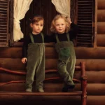 Velour set with polar fleece pocket family clothing dress top and romper overall suspender children green elegant bust shrink - Image 3