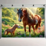 Horse Family Scene With Brown Mare And Baby In Spring Garden Art Print For Home Or Bedroom - Image 4