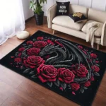 Dragon Rose Crystal Rug, 800gsm Velvet, Black Red Art Print, Elegant Office Decor, Large Floor Mat