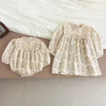New Sisters Dress Infant Baby Girls Lace Collar Dress Rompers Kids Girls Vintage Flowers Princess Dress Family Clothes Rompers - Image 6