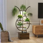 Rosahqnda Plant Stands with Glowing Lights, Creative Metal Plants Stand with Cabinet, Multi-tier metal Frame & wood flower stand - Image 3