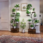 Rosahqnda Plant Stands with Glowing Lights, Creative Metal Plants Stand with Cabinet, Multi-tier metal Frame & wood flower stand - Image 2