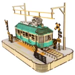 3D Wooden Puzzle Streetcar Sakura Journey Tram Station Retro Car Bus Model DIY Assembly Toys For Children Kids Desk Decoration