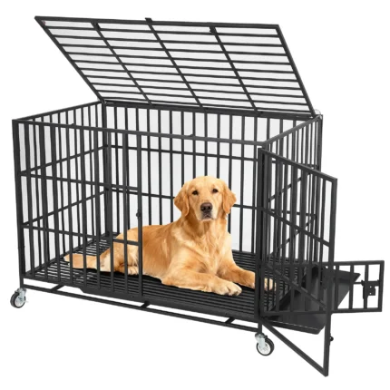 Heavy Duty Escape-Proof Metal Dog Crate Steel Kennel Dog Cage with 3 Doors, Removable Tray, Locking Wheels Medium/Large Breeds