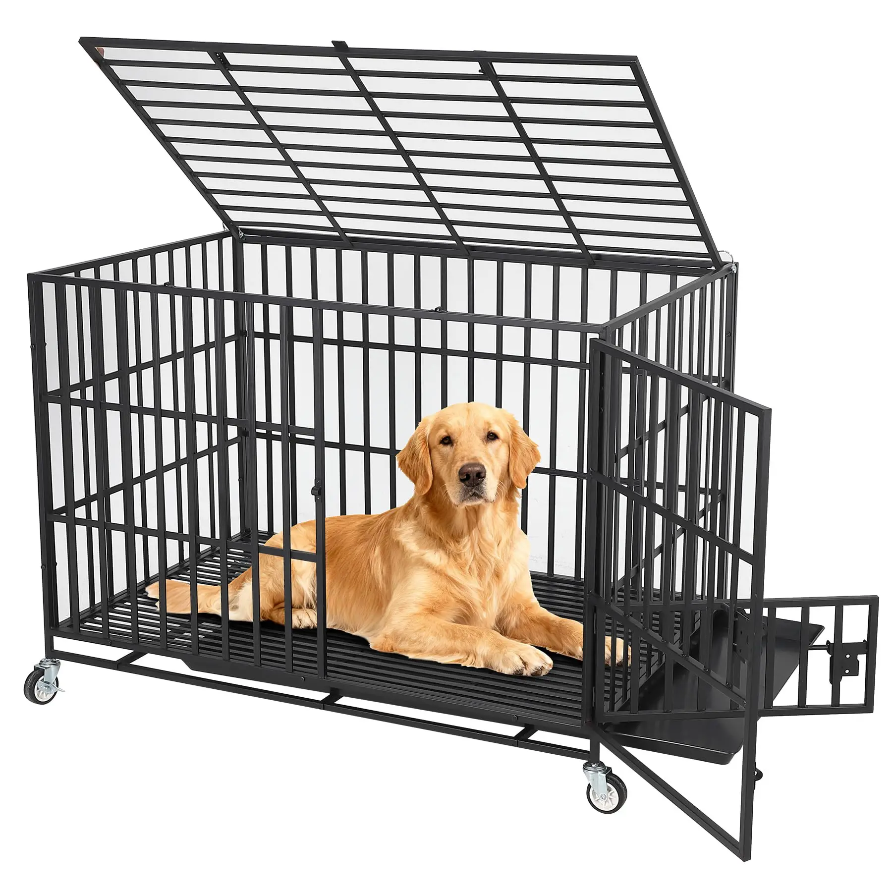 kf-S0d110742c3664c86a001b874ad1129c2Z Heavy Duty Escape-Proof Metal Dog Crate Steel Kennel Dog Cage with 3 Doors, Removable Tray, Locking Wheels Medium/Large Breeds - Image 1