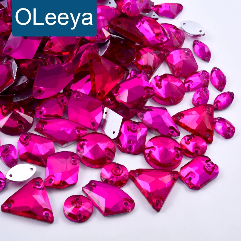 kf-S0d703e0ce24c4e3d88c46af3e8027c79a OLeeya Hot Pink Rose Mix Shapes Glass Flatback Sew-on Rhinestone Sewing Strass Crystals Diamond For Wedding Dress Decoration - Image 1