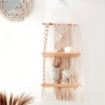 Bohemian Handmade Macrame Woven Wall Hanging, 2-Tier Floating Shelf, Rustic Wooden Home Decor Storage For Bedroom Bathroom