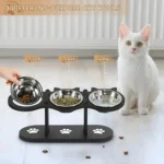 Elevated Cat Food Bowl with Black Wooden Support Frame Stainless Steel Cats Bowls 15° Stand Sloped Feeding & Watering Supplies - Image 3