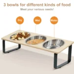 15° Tilted Elevated Cat Bowls Feeder Raised Feeding & Watering Supplies Pet 3 Stainless Steel Bowls with Stand for Cats Puppies - Image 4
