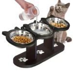 Elevated Cat Food Bowl with Black Wooden Support Frame Stainless Steel Cats Bowls 15° Stand Sloped Feeding & Watering Supplies