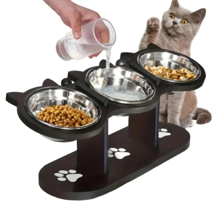 Elevated Cat Food Bowl with Black Wooden Support Frame Stainless Steel Cats Bowls 15° Stand Sloped Feeding & Watering Supplies