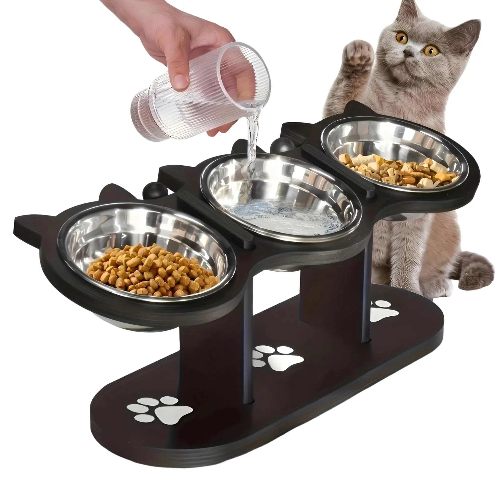 kf-S3c44f9e75ad947f59c5489854a3d503fJ Elevated Cat Food Bowl with Black Wooden Support Frame Stainless Steel Cats Bowls 15° Stand Sloped Feeding & Watering Supplies - Image 1