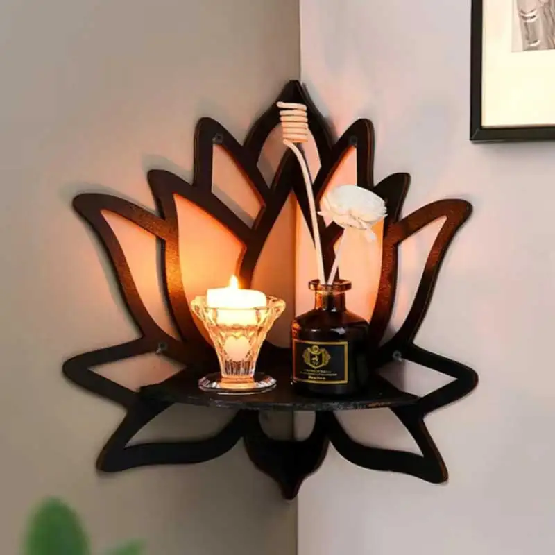 kf-S46d3c656f3ec4c928b2fb14d1095f628t Wooden Lotus Hollow Decorative Rack Aromatherapy Organiser Essential Oil Candle Holder Wall Mounted Shelf Corner Shelf - Image 1