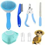 7-Piece Pet Grooming Kit - Self-Cleaning Brush, Nail Clipper, File, Flea Comb, Bath Brush, Finger Toothbrush,