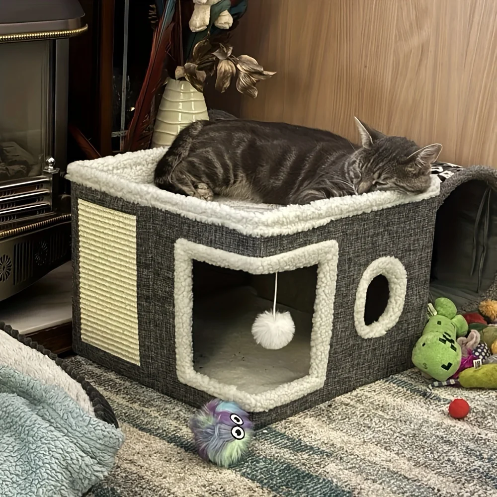 kf-S5234d851ce64414d87a0b2299975b377W 4-Season Multi-Level Cat House - Indoor Foldable Design, Scratching Board & Non-Slip Base 30LB Capacity, Warm Cat Bed Cat Cave - Image 1