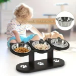 Elevated Cat Food Bowl with Black Wooden Support Frame Stainless Steel Cats Bowls 15° Stand Sloped Feeding & Watering Supplies - Image 4